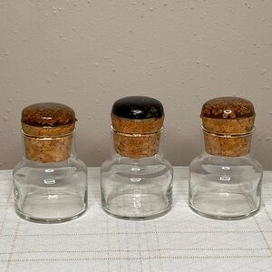 3 Glass Jars 3.75”Tall Cork Lids With Acrylic Resin On Top Vintage